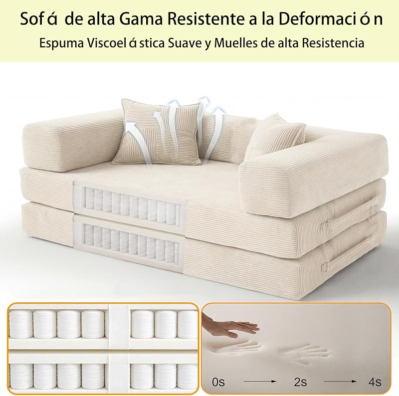 200cm Sofá Cama 3 Plazas con Espuma & Muelles para Salón,Blanco