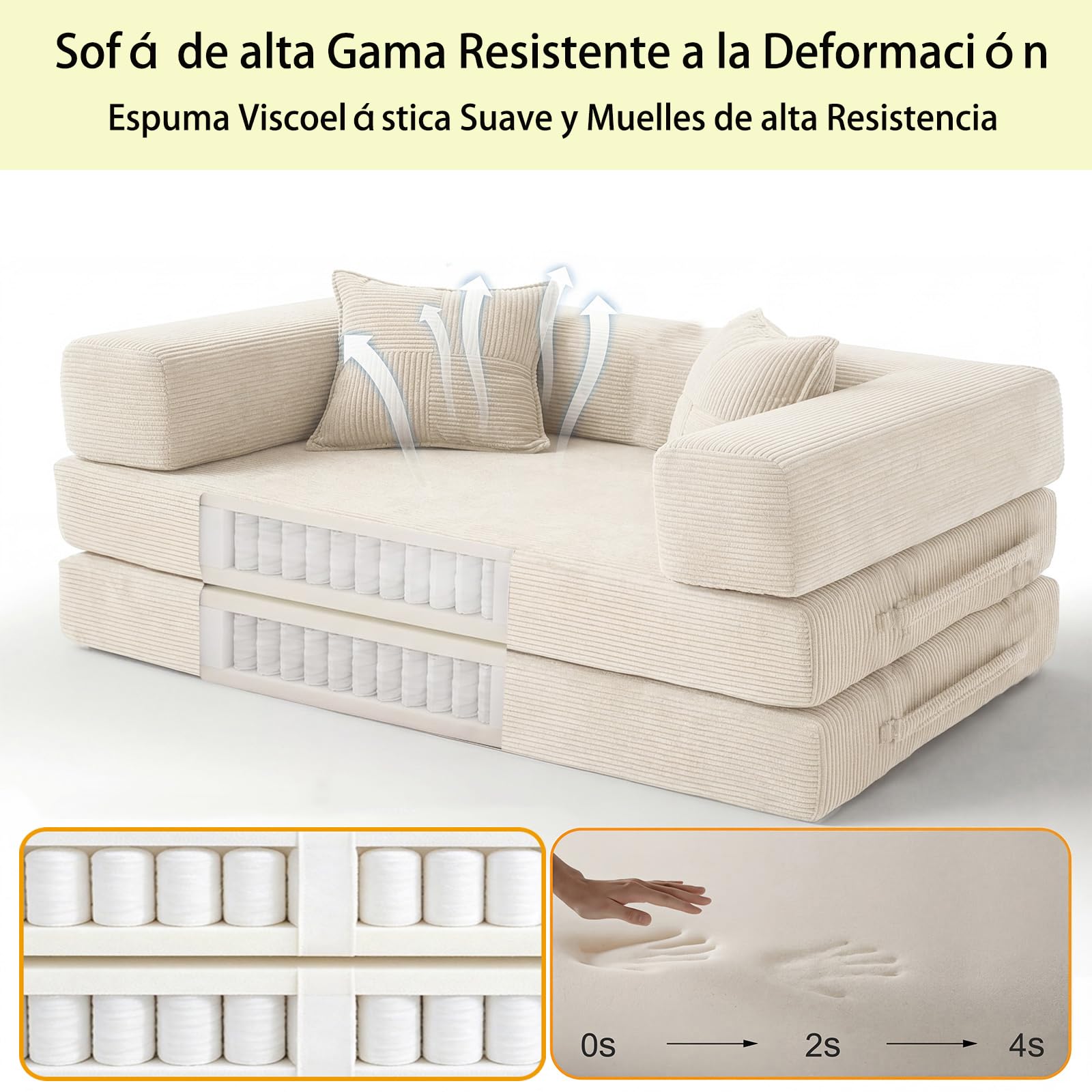 200cm Sofá Cama 3 Plazas con Espuma & Muelles para Salón,Blanco