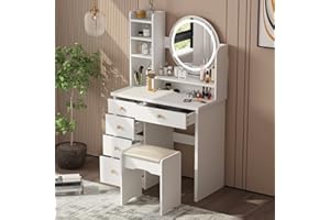 AGOTENI Makeup Vanity Set Dresser Desk with 5 Drawer and Shelf Round Mirror with Touch Screen and Light Vanity Set with Cushioned Stool for Bedroom, White
