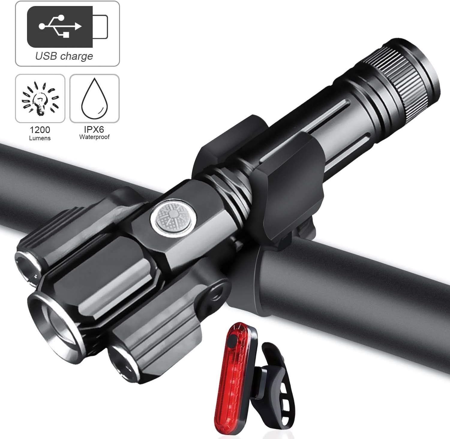 WasaFire Bike Lights Set-USB Rechargeable Front Light &（CR2032） Tail Light, 1200 Lumens Waterproof Mountain Road Bicycle LED Headlights Super Bright Easy to Mount Fits Outdoor Kids Rider