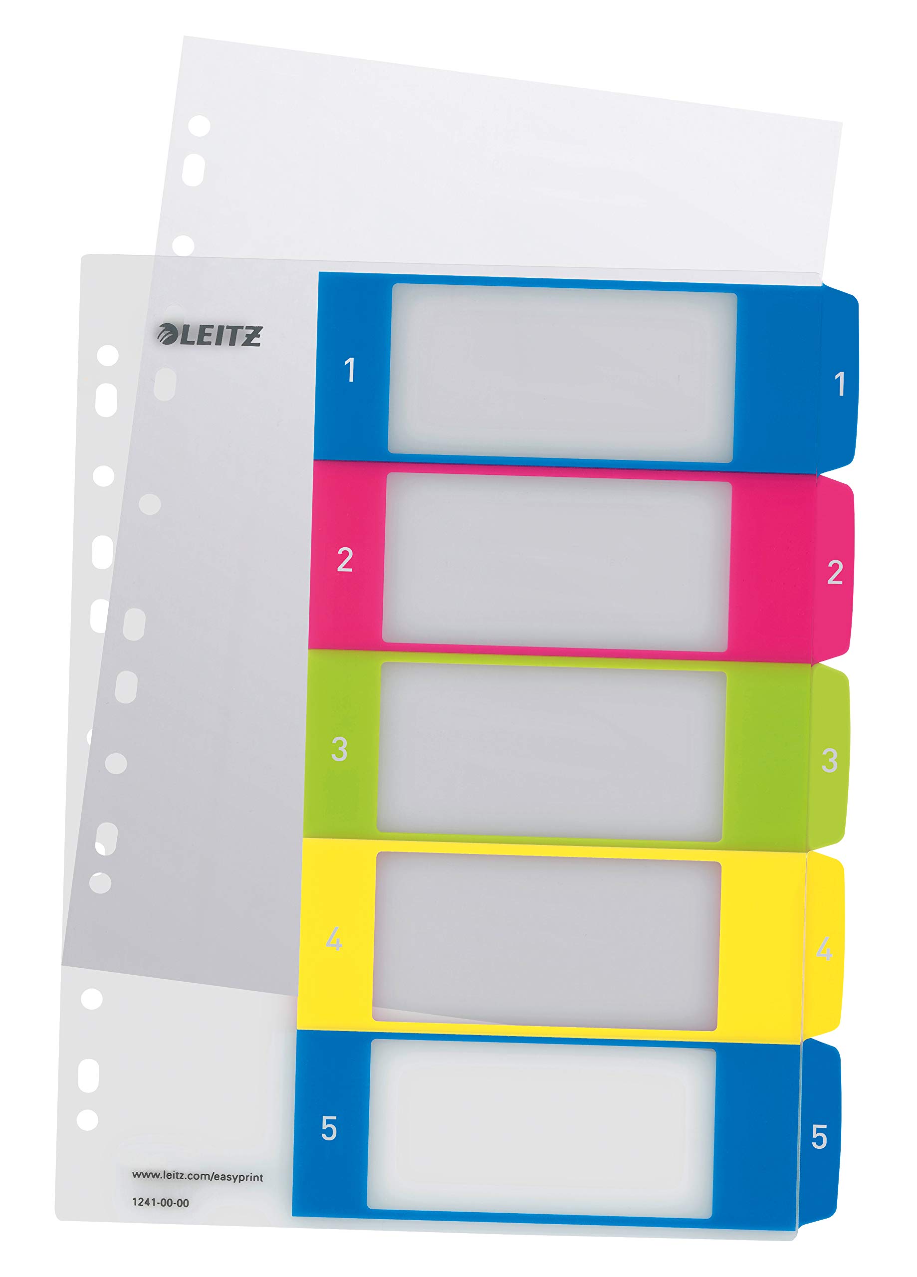 Leitz 12410000 A4 WOW 1-5 Index, PC-Printable, Extra Wide, Heavy Duty Plastic, White/Multicolour