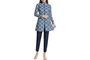 Women's Muslim Burkini Swimsuit 3 Piece Bathing Suit Long Sleeve Full Coverage Printed Swimwear Set with Swim Hood