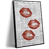 abrtolpffo Black White Newspaper Canvas Wall Art, Fashion Red Kiss Lips Aesthetic Poster, Trendy Girly Sexy Dorm Apartment Picture Painting, Funky Pub Bar Cart Wall Decor 8x12in Unframed