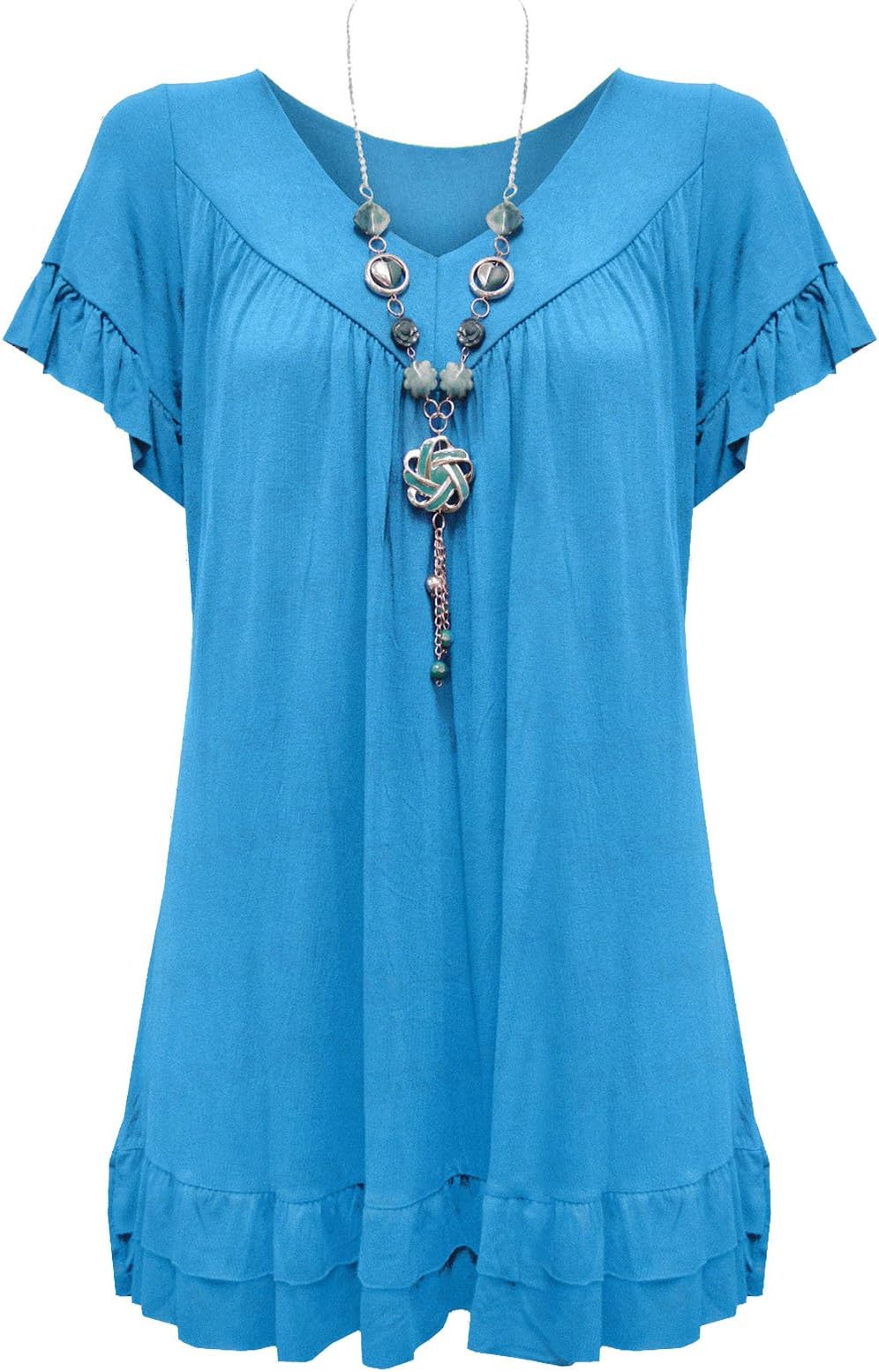 FASHIONCHIC Womens Ladies Plus Size Frill Necklace Gypsy Ladies Tunic Short Sleeve Long V Neck Tops 12-22