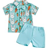 Hnyenmcko Toddler Baby Boy Easter Outfit Short Sleeve Bunny Print Button Down Shirt Solid Shorts 2Pcs Summer Clothes Set