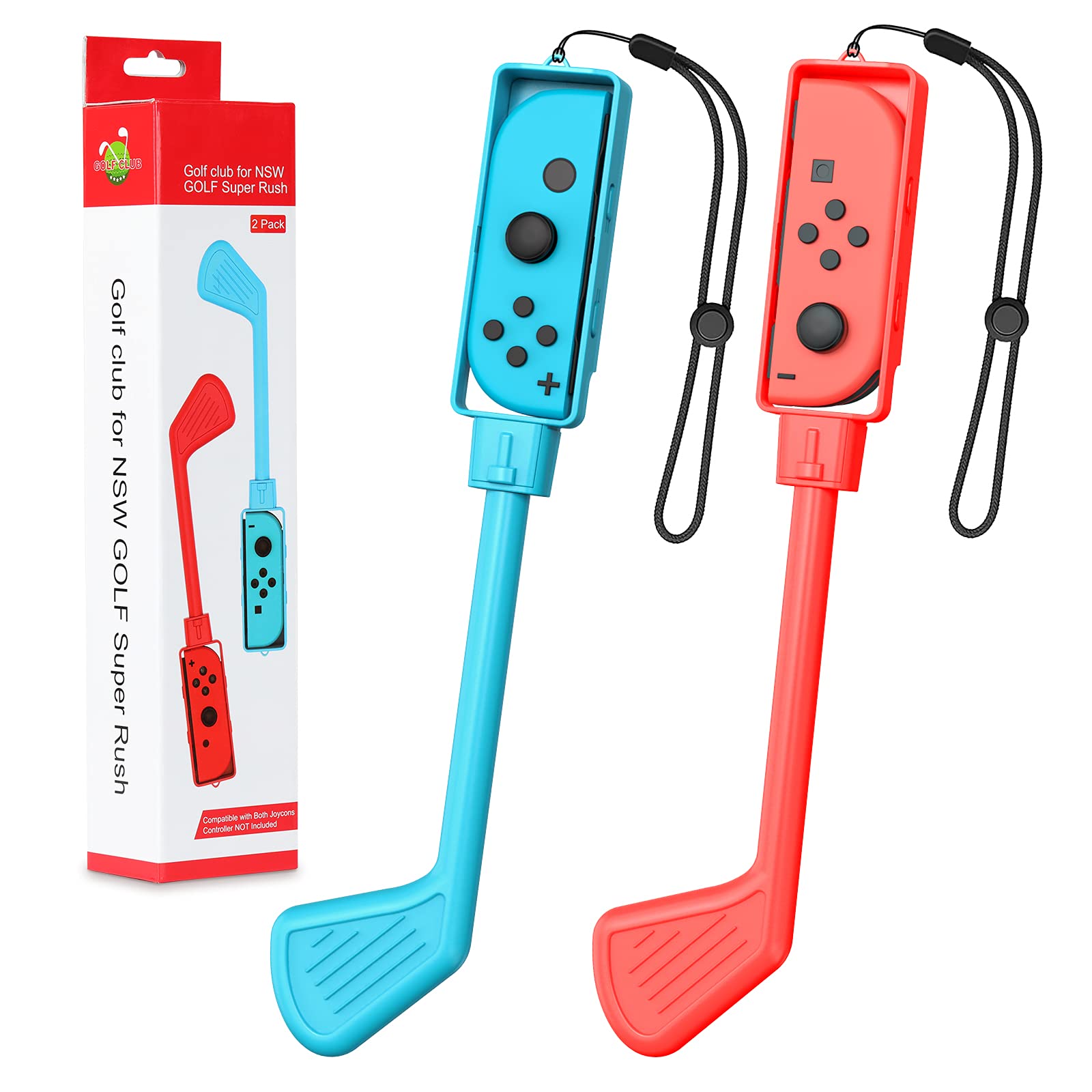 Golf Clubs Fit with Nintendo Switch Mario Golf: Super Rush Golf/Switch Sports, 2 Pack Hand Grips Game Accessories Fit Switch/Switch OLED Joy-Con Controller with Hand Strap, Red+Blue