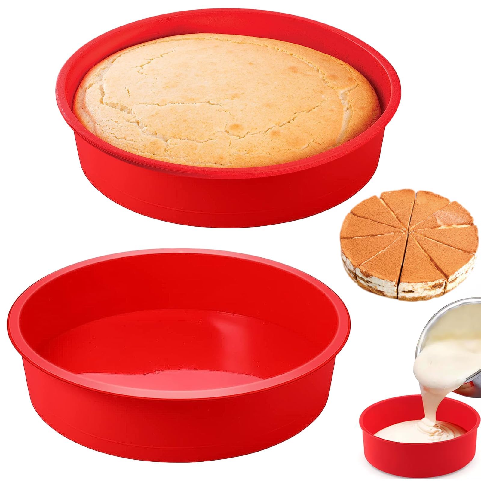 Rairsky 2pcs Reusable Round Cake Baking Tray, 20cm/8inch Silicone Cake Moulds for Air Fryer, Multi-Function Cake Tins Baking Pan, Non-Stick Silicone Bread Pan Set, Suitable for Cake, Bread, Pizza