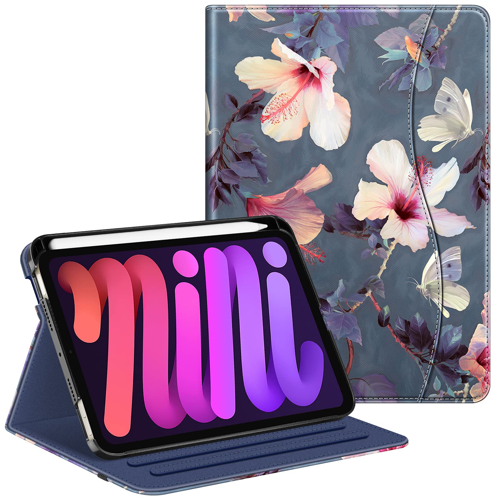 FINTIE Case for iPad Mini 7 (2024, A17 Pro) / iPad Mini 6 (2021) 8.3 Inch, [Multi-Angle] Viewing Folio Smart Stand Cover with Pencil Holder & Pocket, Blooming Hibiscus