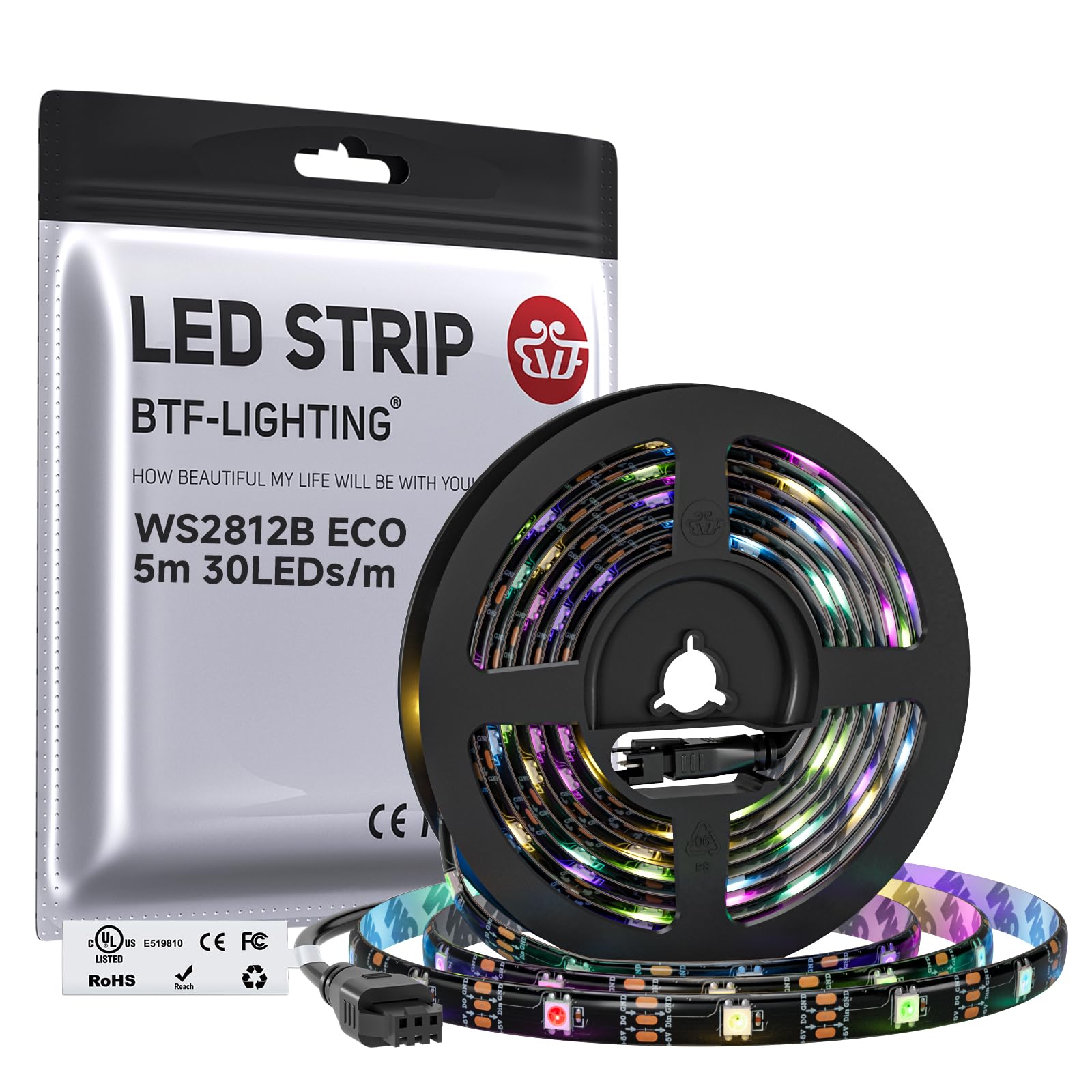 BTF-LIGHTING WS2812E ECO Alloy Wires RGB Individual addressable 5050SMD 16.4FT/5M 30Pixels/m 150Pixels DC5V Flexible Black PCB Full Color LED Pixel Strip Dream Color IP65 Waterproof for DIY Projects