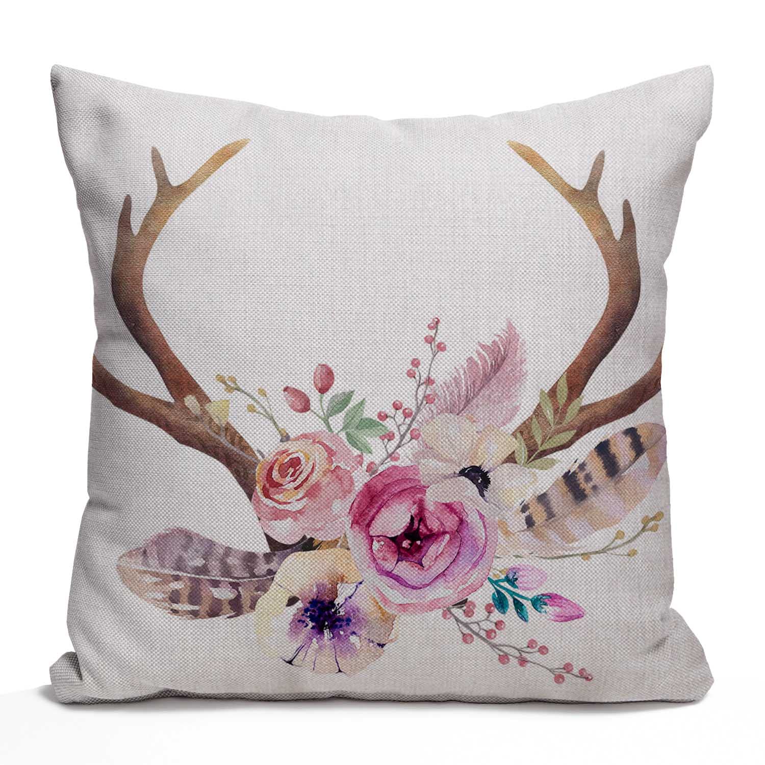 Tomda Watercolor Floral Boho Decorative Cushion Cover Vintage Deer Horns with Flowers Throw Pillow Case Cotton Linen French Decor Rustic Pillow Cover for Sofa Couch 45x45cm 18x18 Inch