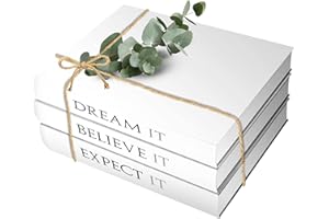 HESSRIDA Hardcover Stacked Books Decor Set, 3 Pieces | White Decorative Books for Shelves, Coffee Table, Home Decor for Living Room | Fake Books for Decoration | Faux Book (Dream It, Believe It, Expect It)