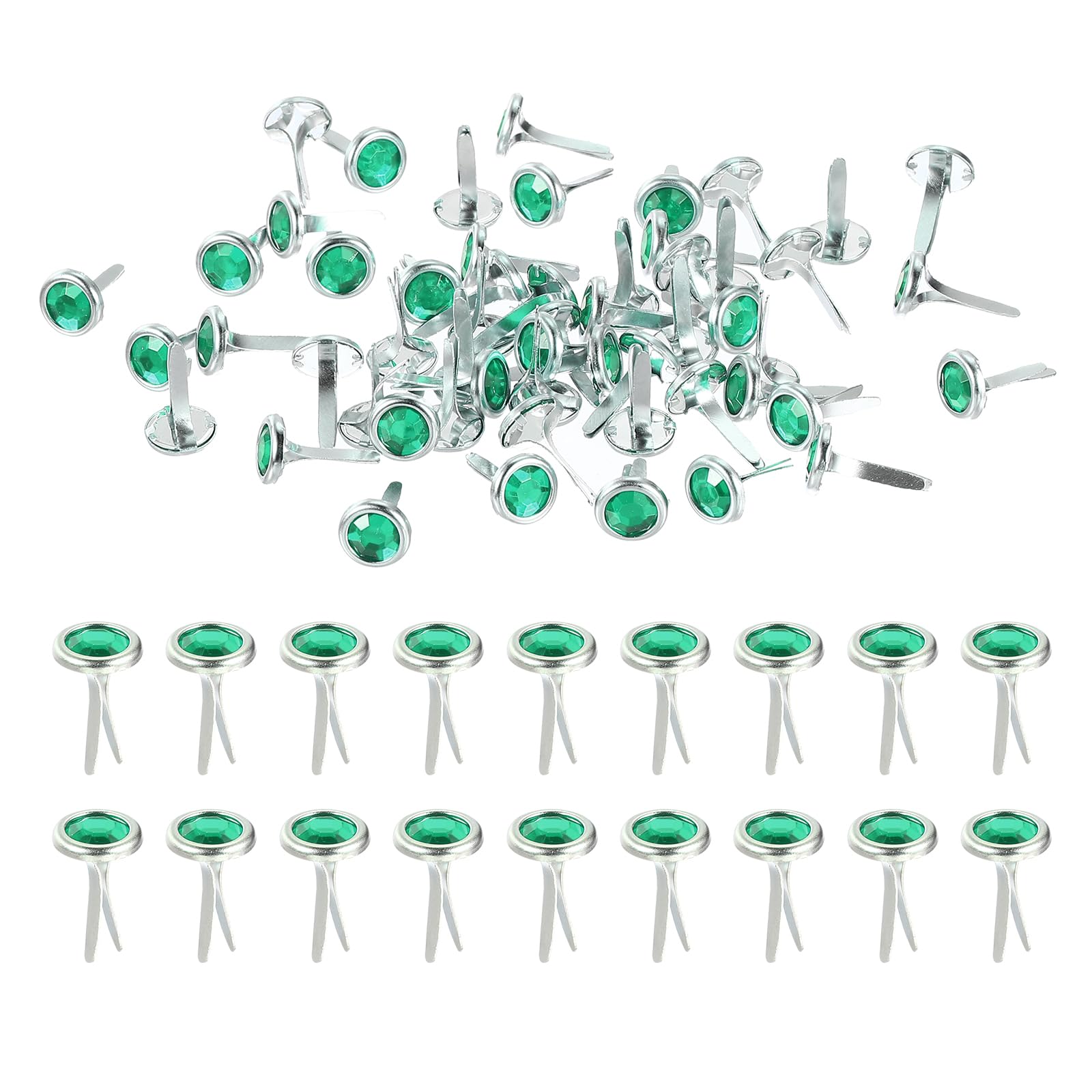 PATIKIL Paper Fasteners, 100 Pcs Mini Metal Rhinestone Round Head Fastener Split Pins for Craft Art Scrapbooking DIY Pins Supplies, Green 0.5"x0.3"