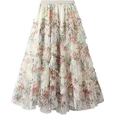 Womens Floral Tulle Skirts Layered Flowy Fairy Midi Skirt High Waist Tutu A-line Skirts Fashion Renaissance Skirt