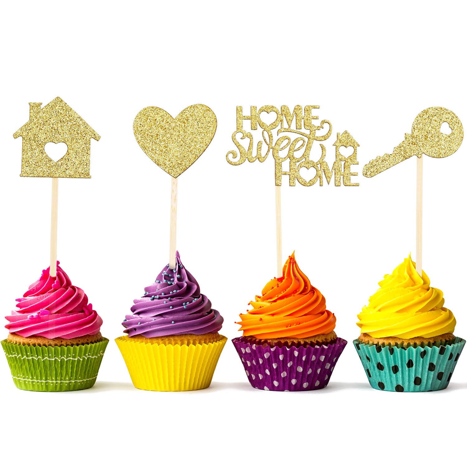 55 Pieces Home Sweet Home Cupcake Toppers Gold Glitter Home Cupcake Toppers New House Housewarming Cupcake Toppers Welcome New Home Party Decorations
