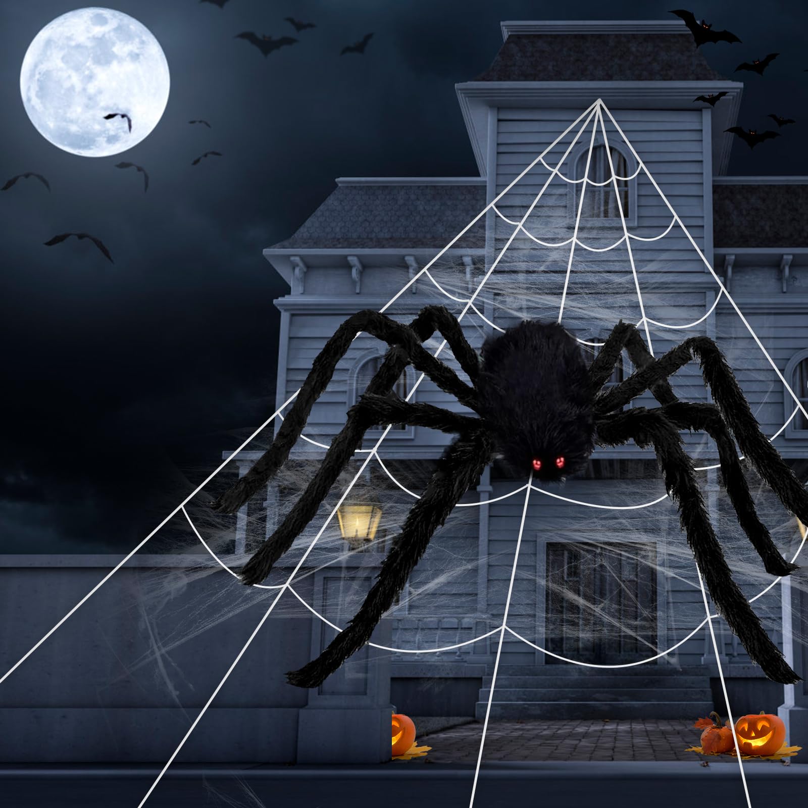 Photo 1 of Spider Webs Halloween Decorations Outdoor - 200'' Triangular Spider Web + 49'' Giant Fake Spiders for Indoor Outdoor Halloween Decor Haunted House Décor Yard Home Garden Party