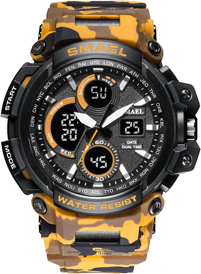 Watch, Camouflage Sports Watch 3D Large Dial Design Shock Resistant Big Face Analog Digital Watch (Yellow)