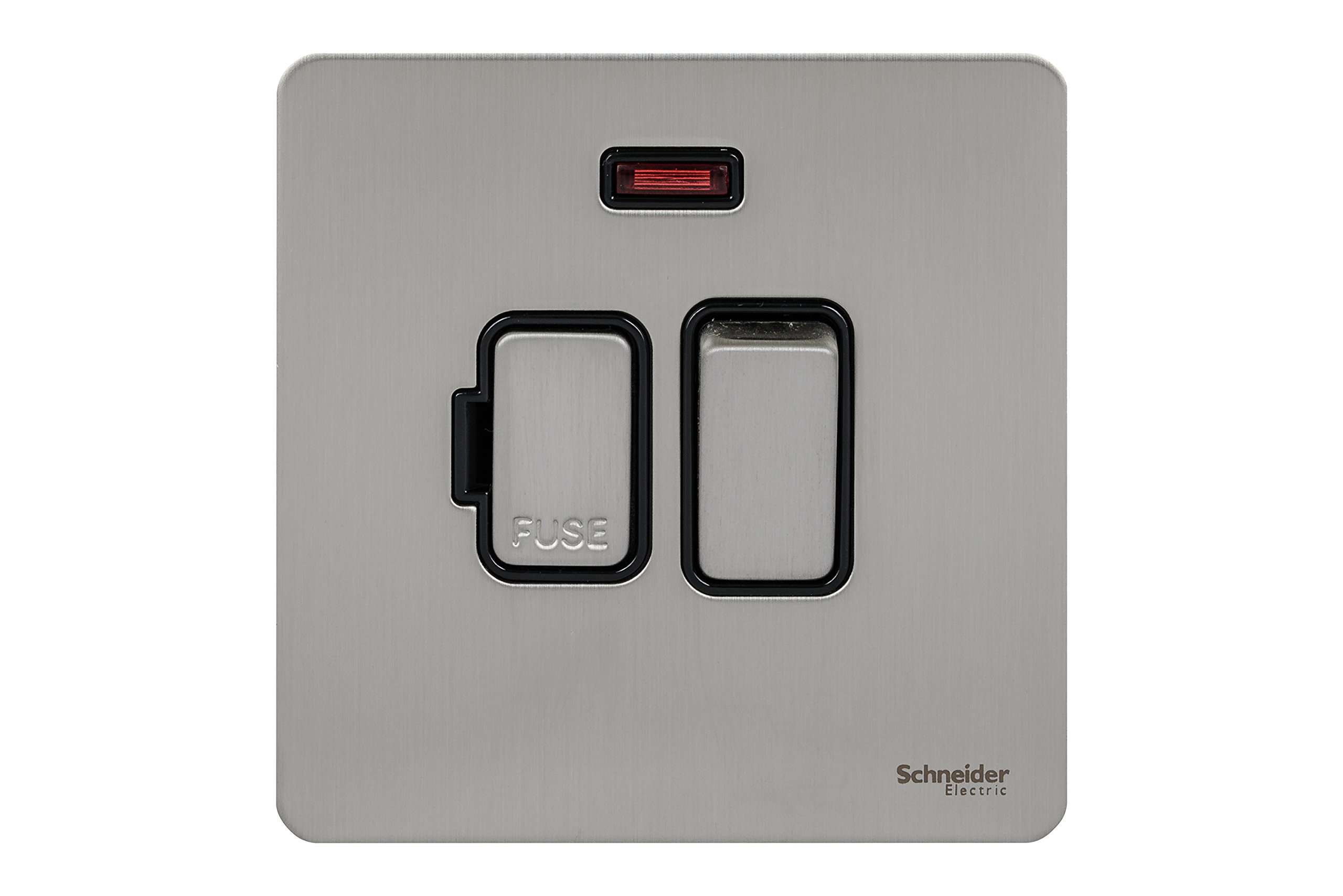 Schneider Electric Ultimate Screwless Flat Plate 13a DP Switched Connection Unit with Neon Stainless Steel Black Insert