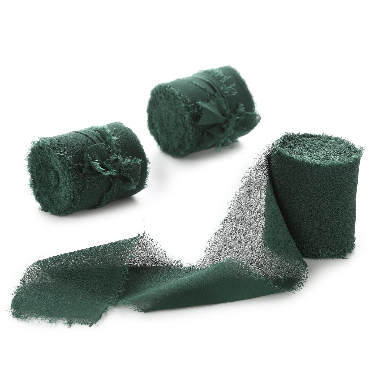 Dark Green Chiffon Ribbon 3 Rolls 1.5 inch X 5 Yard Forest Green Handmade Frayed Edges Chiffon Ribbon Set for Gift Wrapping, Christmas Decor, Wedding Decor, Bridal Bouquets, and DIY Crafts — image 1