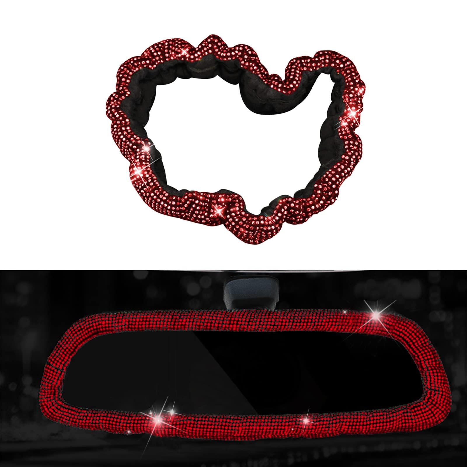 Photo 1 of Bling Car Rearview Mirror Cover, Women's Full Drill Head Pillow Cover, Crystal Rhinestone Bling Car Interior Accessories for Women Universal Fit - Red