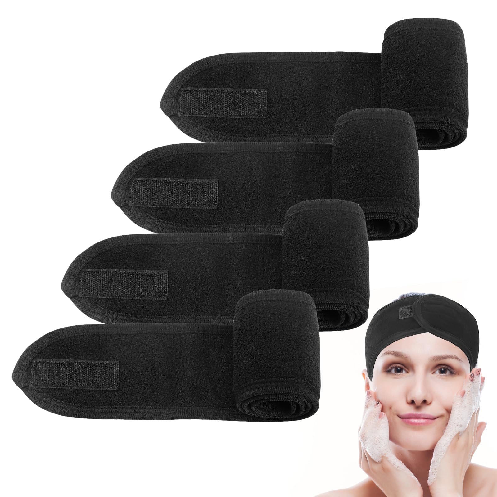 4 Pack Spa Facial Headband, Make Up Hair Band Adjustable Head Wrap Towel Face Washing Terry Cloth Headbands with Magic Sticker for Makeup Washing Face Bath Sport Yoga (Black)