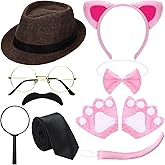 Skicuff 9 Pcs Couple Costume Adults Panther and Detective Costume Accessories Pink Headband Cat Claw Gloves Bow Tie Tail Hat Fake Mustache Magnifying Glass Round Glasses Tie Cosplay for Halloween