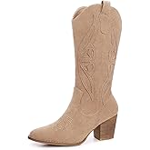 SHIBEVER Cowboy Boots for Women 2025: Mid Calf Cowgirl Boots Western Embroidered Country High Heel Pointed Toe Booties