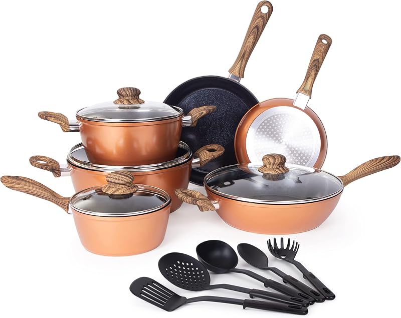 Nuovva Non Stick Pots and Pans Set 15pc Induction Copper Finish