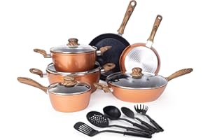 Non Stick Pots and Pans Set – Kitchen Cookware Set with Lid – Induction Hob Pots Set – 15pc Non Stick Cooking Set – Cooking Copper Saucepan Pots and Frying Pan – Juego de Ollas Para Cocina – by Nuovva