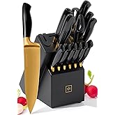 Black and Gold Knife Set with Block and Sharpener – 14-Piece Full Tang Golden Knives with Self-Sharpening Knife Block – Gold Kitchen Accessories for Cooking and Prepping; Ideal for Gifting