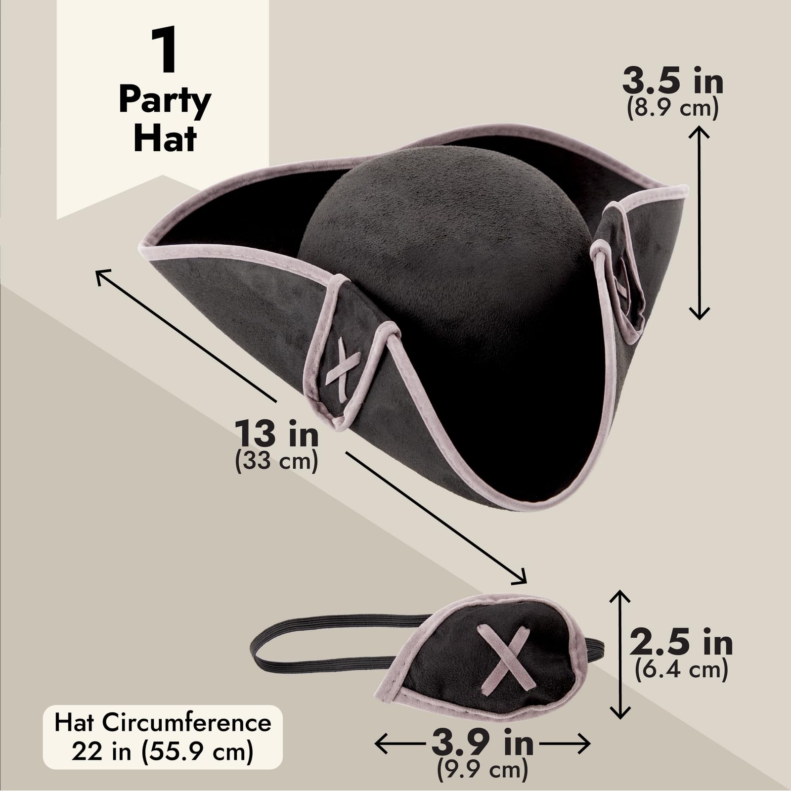 BLUE PANDA Black Pirate Hat and Patch - Adult One Size Fits Most, 22 in - Tricorn Style Hat for Cosplay & Costume Parties