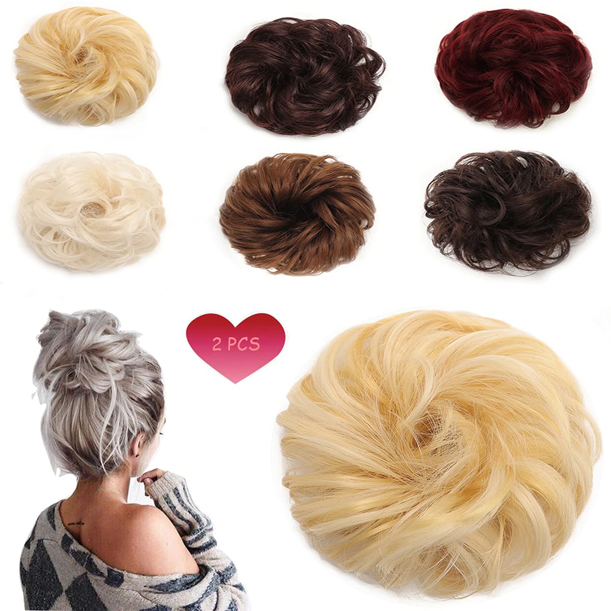 2 Pack-Hairpiece Scrunchy Scrunchie Bun Updo,Hair Ribbon Ponytail Extensions Hair Extensions Wavy Curly Messy Hair Bun Donut Hair Chignons Hair Piece Wig Light Ash Blonde & Bleach Blonde