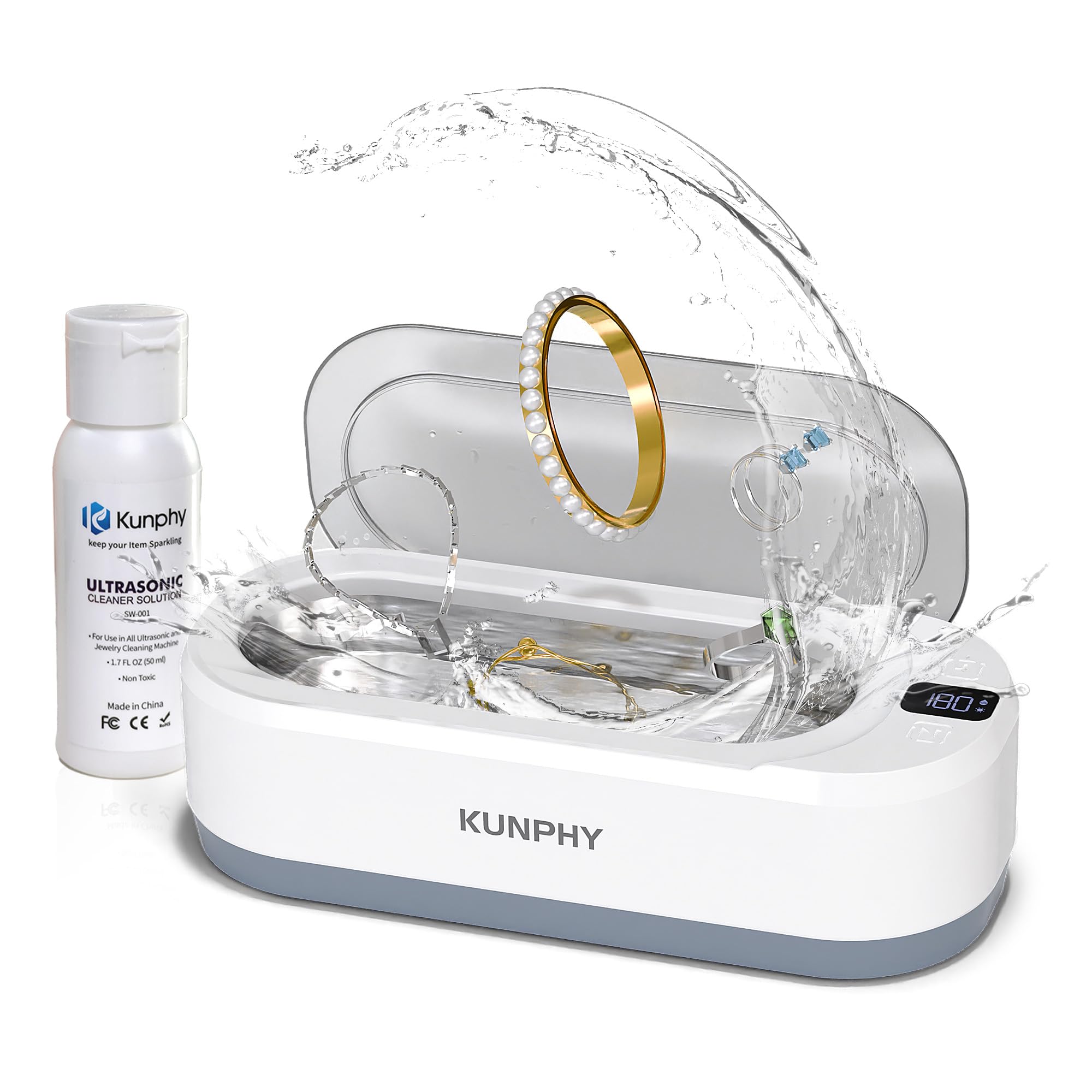 Photo 1 of Upgraded KUNPHY Ultrasonic Jewelry Cleaner with 50ml Solution, 48KHZ, 12OZ Capacity, Ultrasonic Cleaner with 3 Digital Timer, Touch Control, Idea for Jewelry, Eyeglass, Rings, Diamond