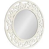 Kate and Laurel Shovali Coastal Round Mirror; 32 Inch Diameter; White; Decadent Wall Decor with Ornate Wood-Carved Frame