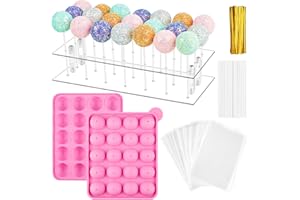 KUCOELE Cake Pop Maker Kit, 21 Hole Clear Acrylic Lollipop Display Stand with 20 Cavity Silicone Cake Pop Mold, 100 Pcs Sticks Treats Bags and Twist Ties for Lollipop and Cake Pop (Pink)
