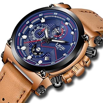LIGE Mens Watches Fashion Leather Analog Quartz Watch Men Sport Waterproof Chronograph Luxury Brand Casual Blue Date