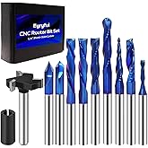 Eyryfui 10Pcs CNC Router Bits Set, 1/4" Shank Solid Carbide Multiple Uses Router Bit for Woodworking Detail Carving Trimming V Groove Engraving Slotting Mortise MDF Resin Lettering Sign Making-Type A
