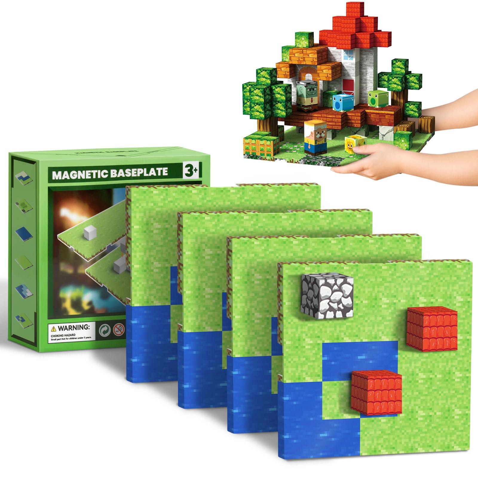 Youngyes 4PCS Baseplate for Minecraft Magnetic Blocks, Magnetic Building Blocks Baseplate Magnet Toys for Kids Ages 4-8 8-12-Baseplate 4" x 4", STEM Building Toys Birthday Gifts for Boys Girls, River