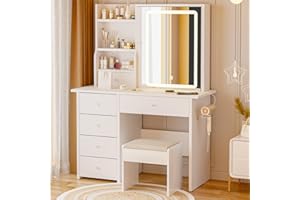 DYHOME Makeup Vanity Desk with Mirror and Lights & Charging Station, White Vanity Table with 6 Drawers, Jewelry Storage, Make Up Vanity Set for Bedroom Makeup Desk Stool Included, 3 Color Modes