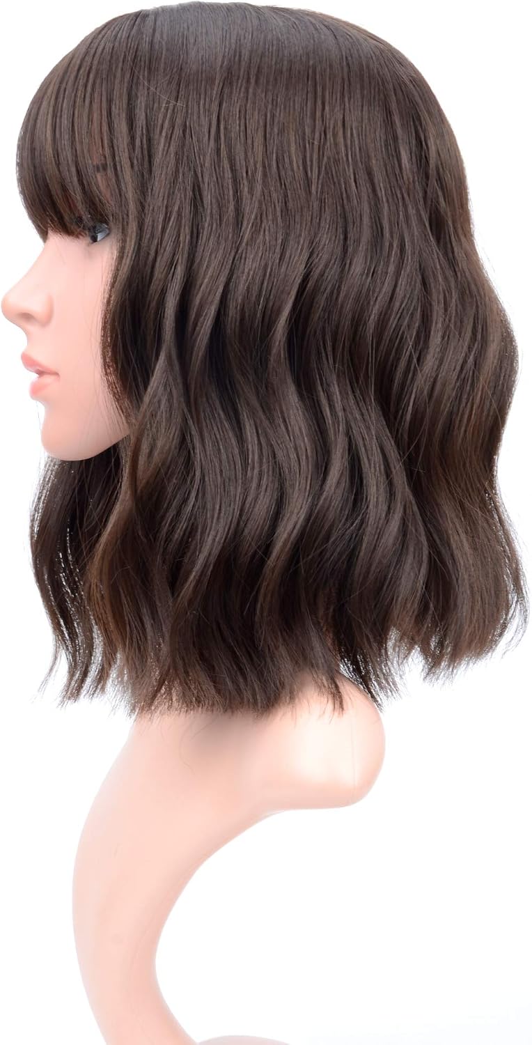 VCKOVCKO Short Bob Waves, Natural Brown, Wavy Synthetic Women's Shoulder Wig, Air Bangs, 12", 4#, 12 inch (Pack of 1) - Image 4