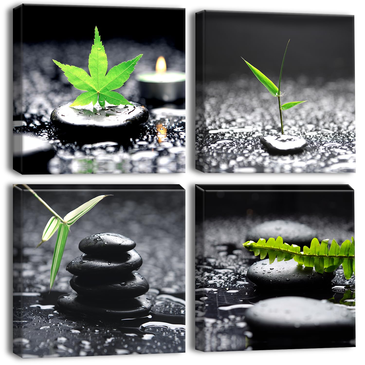 Artscope 4 Pieces Wall Art Canvas Prints - Green Leaf Raindrops and Stones Picture Painting- Modern Wall Artwork Framed for Bathroom Home Office Decor - 30 x 30 CM