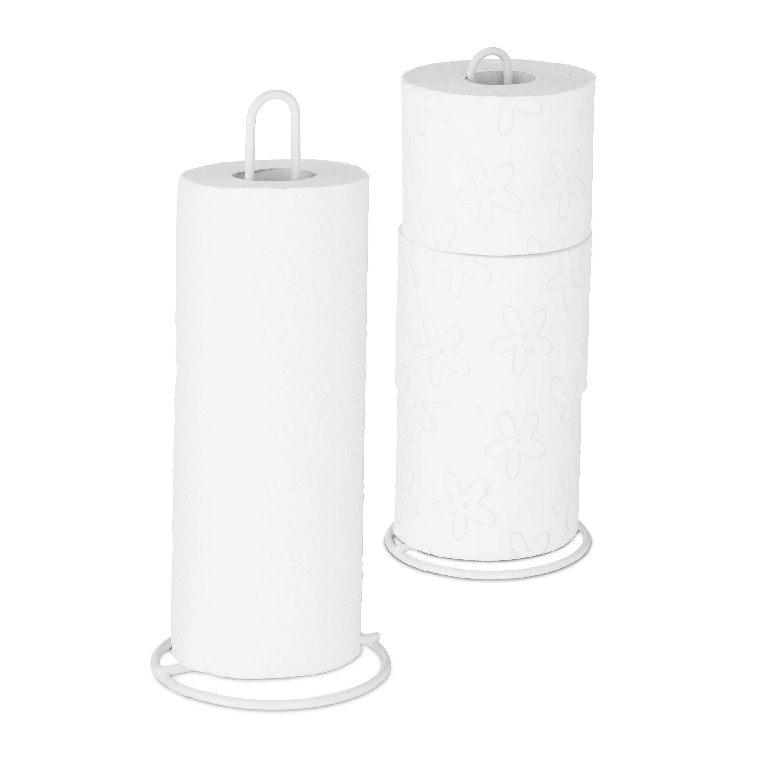 Relaxdays Kitchen Towel Holder Set of 2, Freestanding, Toilet Paper Organiser, Metal, Subtle, HD 32x13 cm, White