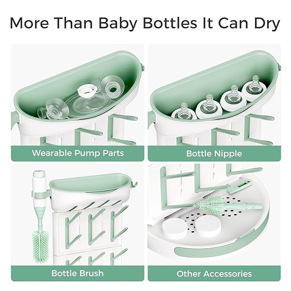 MOMCOZY BABY BOTTLE DRYING RACK FOR 18 BOTTLES, SPACE SAVING COUNTERTOP VERTICAL RACK FOR BABY ACCESSORIES & PUMP PARTS, DETACHABLE TRAVEL DRYING RACK WITH BRUSH HOLDER