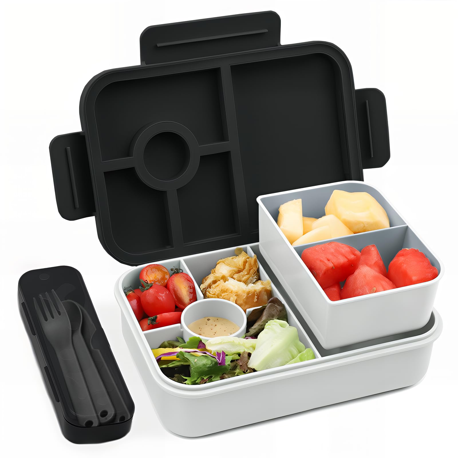 Bugucat Bento Lunch Box 1300ML - Leak-Proof With 4 Compartments, Cutlery for Kids and Adults - Snack Box for School, Kindergarten, Office - Black