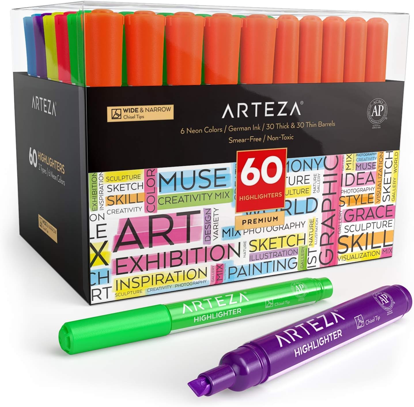 Arteza Highlighters Set of 60, Bulk Pack of Colored Markers, Wide and Narrow Chisel Tips, 6 Assorted Neon Colors, Office Supplies for School, Office, or Home : Office Products