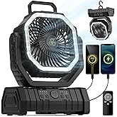 VOSFEEL Camping Fan - 20000mAh Battery Powered Fan Rechargeable with LED Lantern - Portable Outdoor Tent Fans with Hanging Hook 4 Speeds Wind Remote Control, Black
