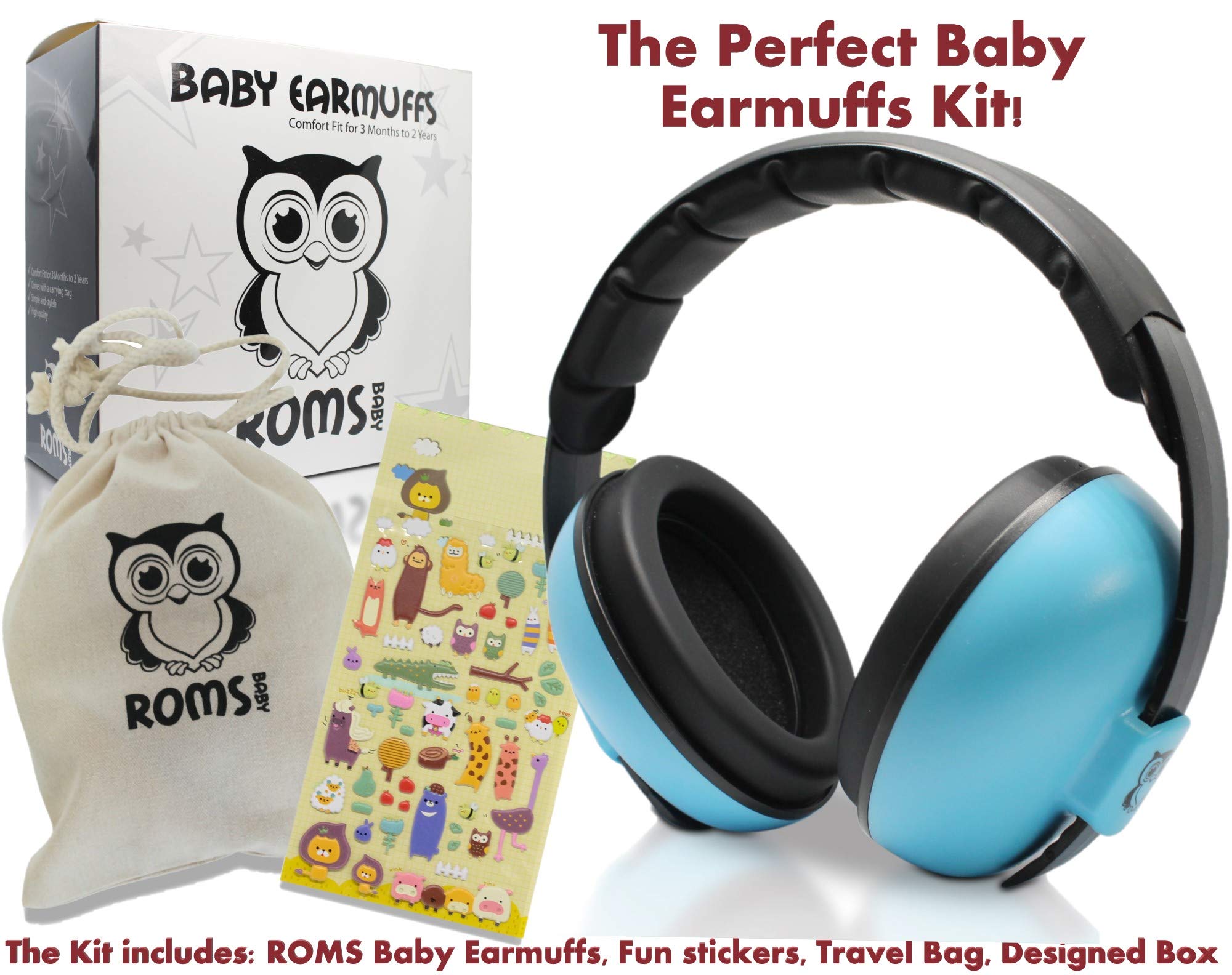 Noise Cancelling Baby Ear Protection Baby Earmuffs ~ Protect Infants and Kids Hearing with Safe, Sound Proof Ear Muffs ~ Comfort Fit + Bonus Travel Bag and Stickers by ROMS Baby (Blue)