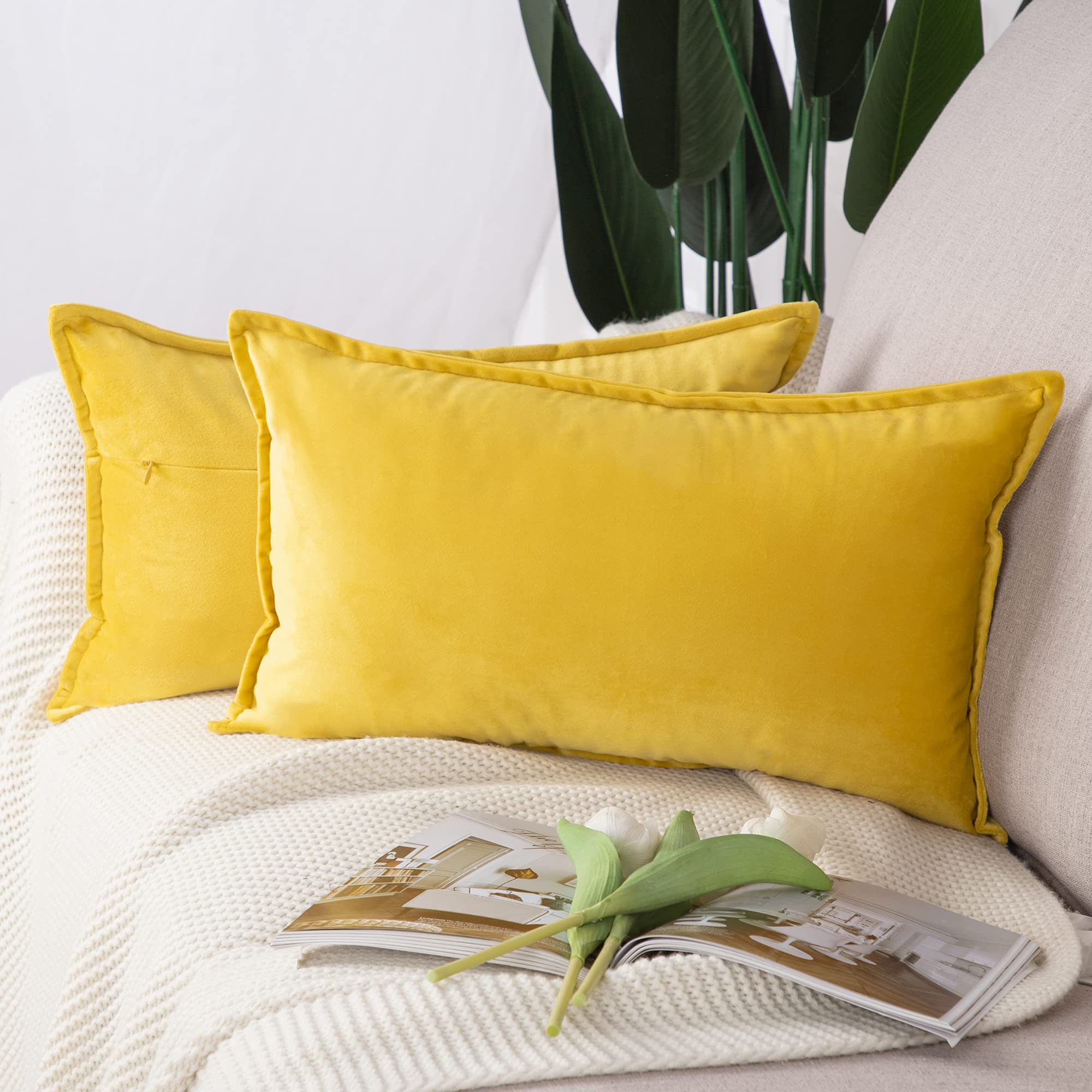 Madizz Pack of 2 Super Soft Velvet Decorative Cushion Covers with Fringe Luxury Style Cushion Case Pillow Shell for Sofa Bedroom Lemon Yellow 12x20 inch, 30x50 cm Rectangular
