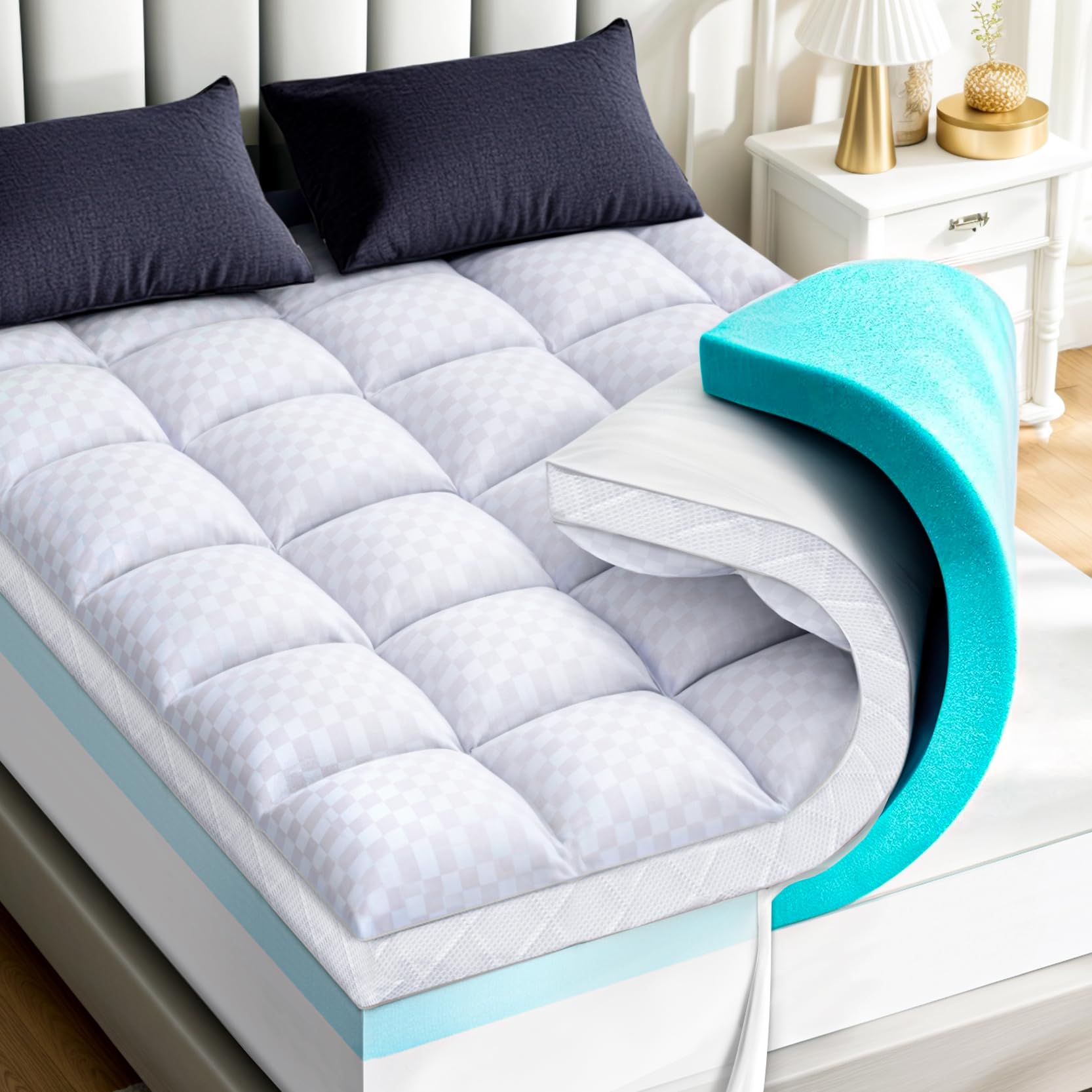 Memory Foam Mattress Topper for Pain Relief with 4X Support, Dual Layer ...