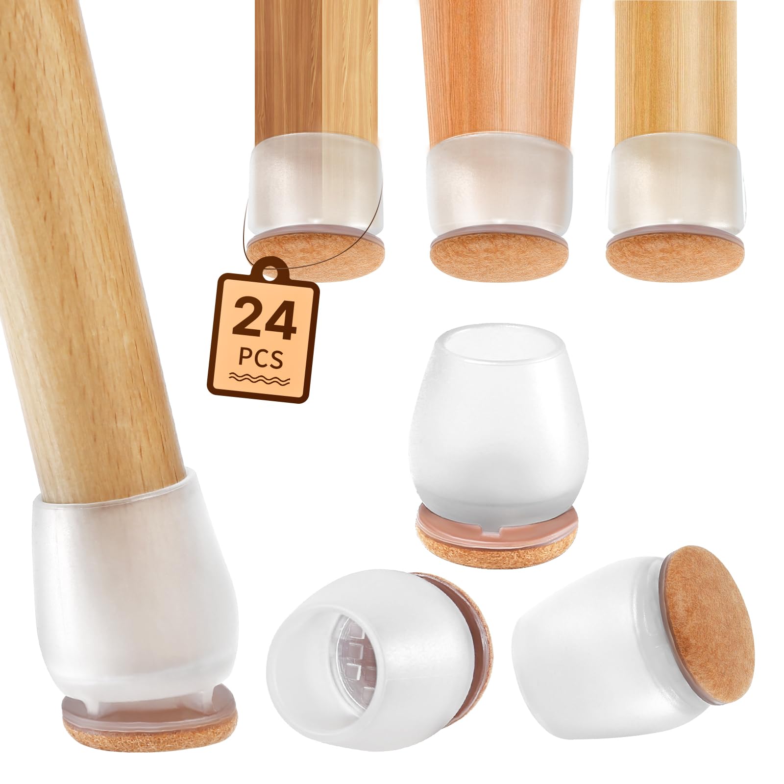 RCHYFEED Chair Leg Floor Protectors, 24Pcs Transparent Chair Feet Cover with Wrapped Felt, Chair Leg Protectors for Hardwood Floors, Furniture Feet Protectors Pads (Fit:22-26mm)