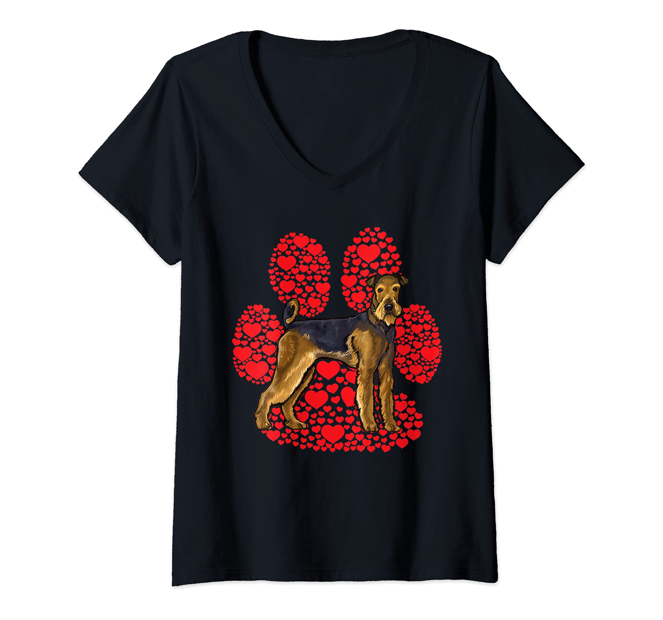 Womens Airedale Terrier Valentines Day Dog Love Paw V-Neck T-Shirt